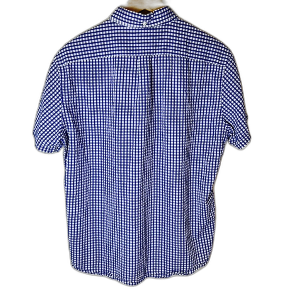 J. Crew Royal Blue White Gingham Check Seersucker SS Buttondown Shirt Sz L - Picture 7 of 16